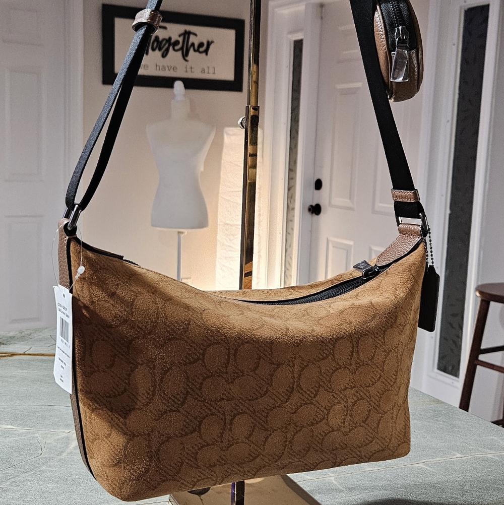 NWT Coach Small Finn Crossbody Bag CCG16 Caramel Sable Suede Signature + Pouch - Picture 4 of 17